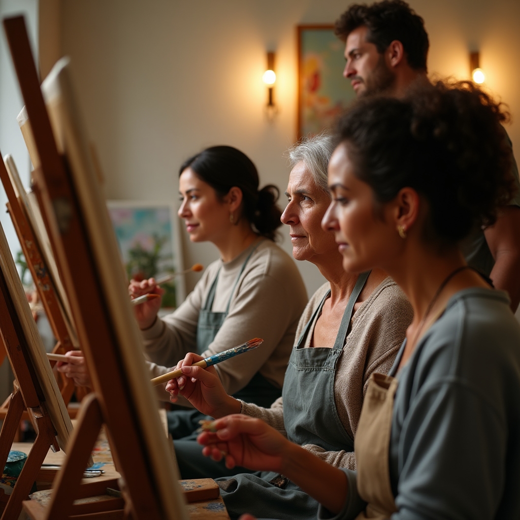 Piccolo gruppo di adulti durante una lezione di pittura