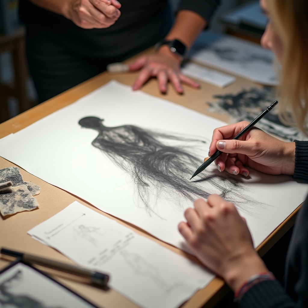 Insegnante che spiega tecnica di disegno a un adulto