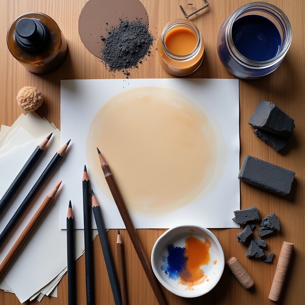 Materiali per disegno e pittura: matite, carboncini, acquerelli