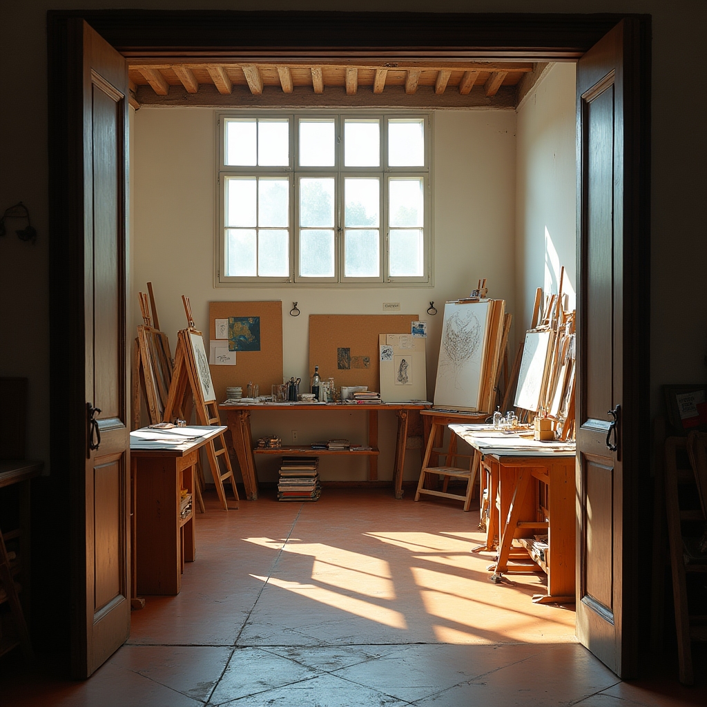 Studio di pittura a Monza con cavalletti e luce naturale